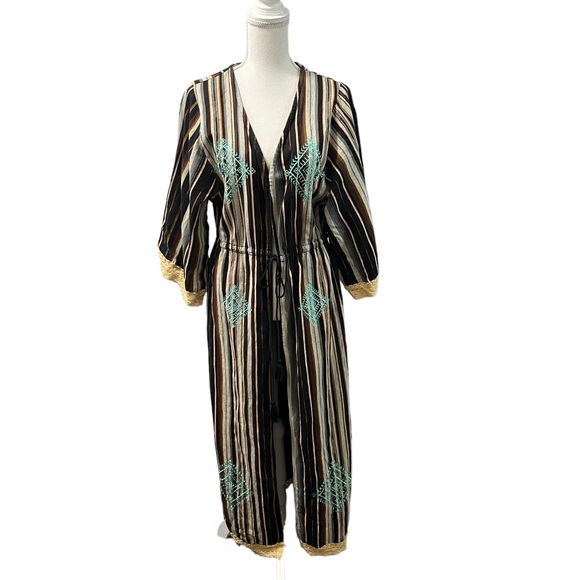 Angel + Premium Aztec Bohemian Embroidered Multicolor Lace Trim Duster Jacket S - Picture 3 of 12